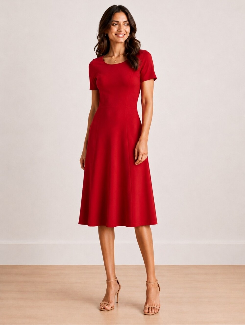 Ann Taylor Red Ribbed Knit Fit & Flare Midi Dress Short Sleeve Women's Sz Lg